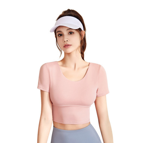聚衣堂美背瑜伽服短袖緊身顯瘦運動上衣女裸感帶胸墊健身衣