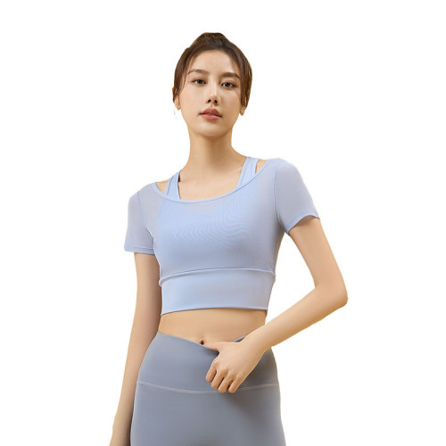 聚衣堂網紗運動短袖帶胸墊裸感高彈戶外跑步瑜伽服短袖女夏季