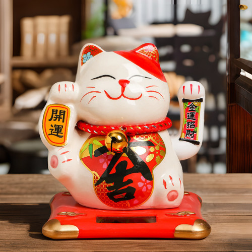 六寸創意太陽能招財貓店鋪收銀前台家居擺件日式店鋪開業禮品