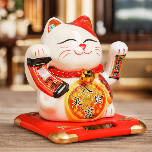 六寸創意太陽能招財貓店鋪收銀前台家居擺件日式店鋪開業禮品