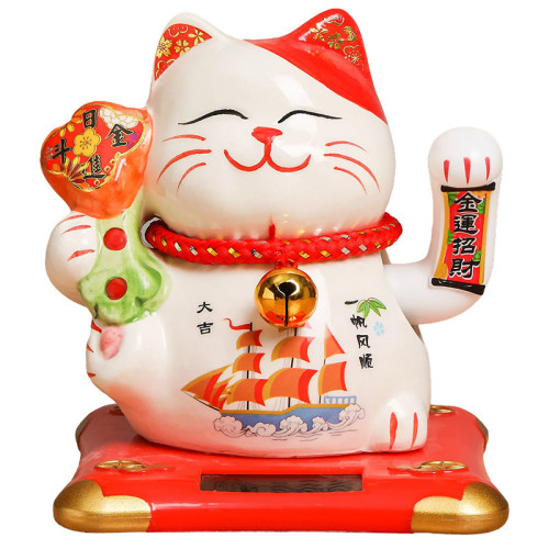 六寸創意太陽能招財貓店鋪收銀前台家居擺件日式店鋪開業禮品