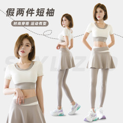 新款假兩件短袖速乾文胸普拉提運動健身套裝瑜伽服女