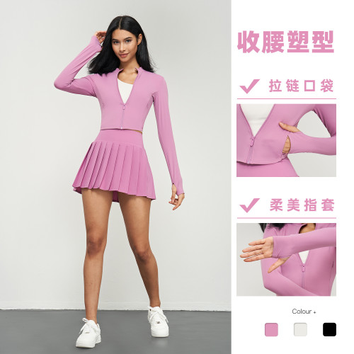 BR中強度長袖瑜伽服女緊身短款拉鍊健身服休閒跑步運動瑜伽外套春