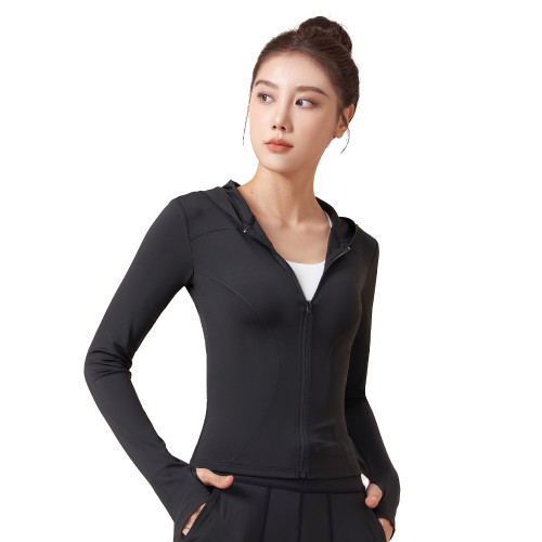 聚衣堂新款緊身連帽瑜伽服高彈裸感修身開衫帶袖套瑜伽外套