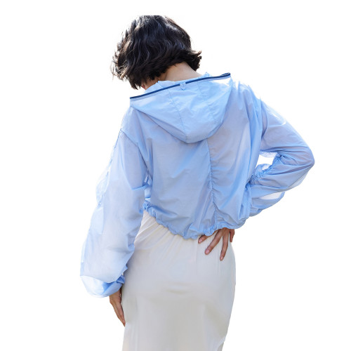 夏季輕量化連帽運動外套女寬鬆休閒抽繩拉鍊健身服夏透氣健身長袖