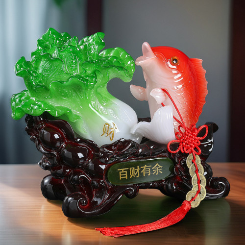 中式玉白菜擺件百財有餘開業招財魚創意家居裝飾品客廳電視櫃擺設
