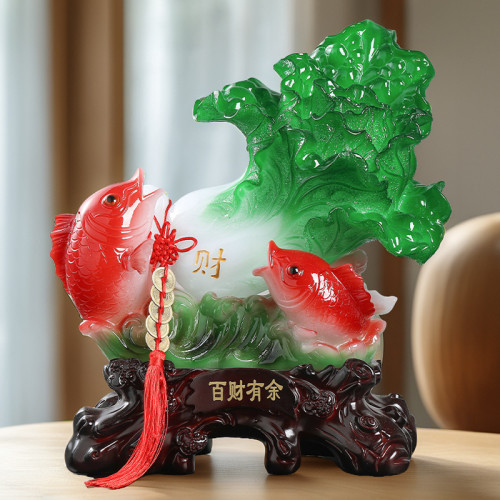 中式玉白菜擺件百財有餘開業招財魚創意家居裝飾品客廳電視櫃擺設