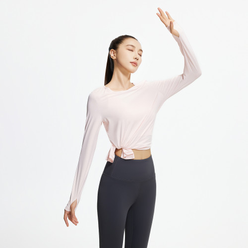 聚衣堂新款冰絲長袖瑜珈服上衣涼爽透氣寬鬆開叉瑜珈罩衫