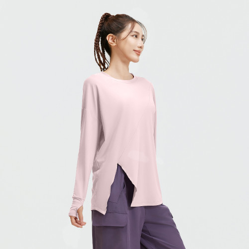 聚衣堂新款開叉寬松瑜伽服長袖女運動跑步訓練健身服上衣
