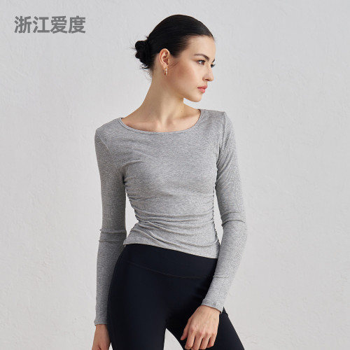 莫代爾羅紋裸感瑜伽服褶皺修身圓領運動上衣女帶指套健身長袖