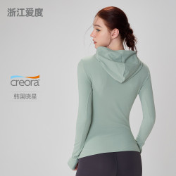 愛度裸感秋季連帽健身服修身帶指套瑜伽長袖訓練跑步運動上衣女秋