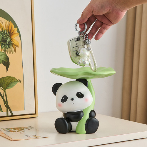 可愛小熊貓托擧荷葉托盤收納擺件辦公室家居軟裝實用裝飾喬遷禮物