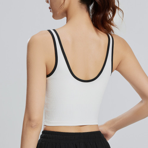 聚衣堂新款拉鍊撞色背心條紋修身透氣固定胸墊防震瑜珈背心女