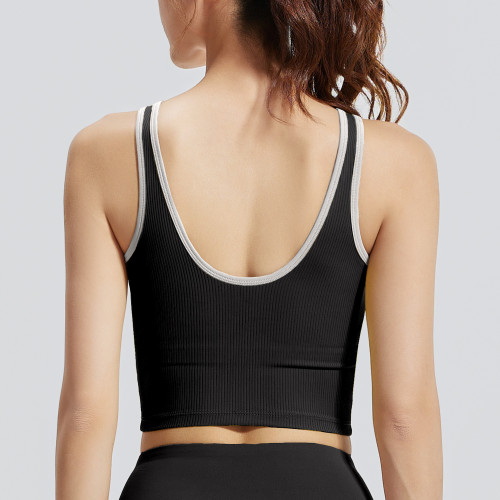 聚衣堂新款拉鍊撞色背心條紋修身透氣固定胸墊防震瑜珈背心女