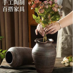 手工復古粗陶花瓶栽培插乾花陶罐花器土陶罐透氣水培鮮花簡約花瓶