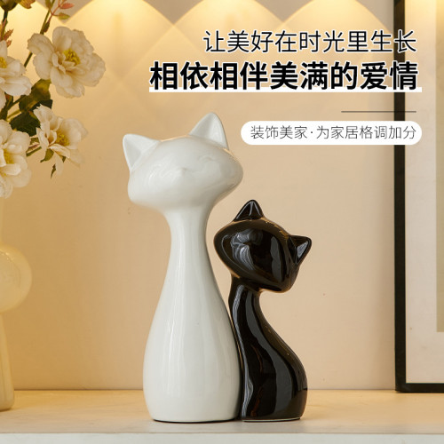 簡約治瘉藝術陶瓷貓咪桌面小擺件辦公室酒櫃電視櫃裝飾品生日禮物