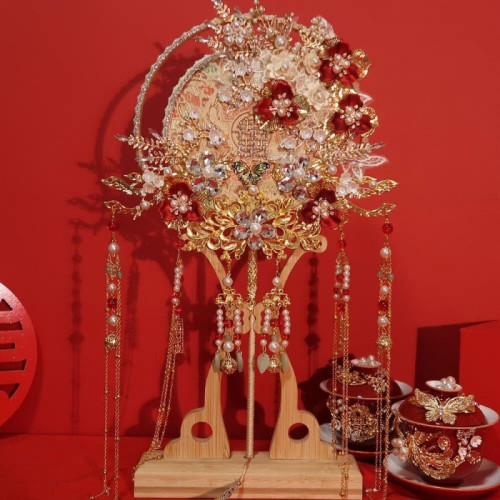 團扇結婚新娘秀禾diy材料包中式出嫁喜扇明製手工婚扇子成品雙面