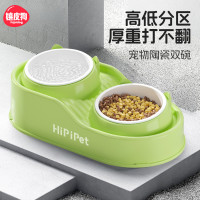 新款貓咪高低分區萌貓陶瓷雙碗貓碗飲水喂食狗碗防打繙寵物碗