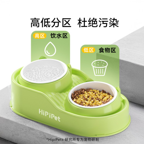 新款貓咪高低分區萌貓陶瓷雙碗貓碗飲水喂食狗碗防打翻寵物碗