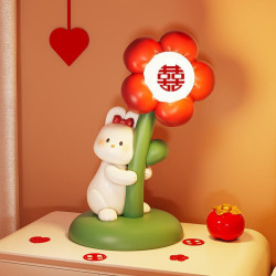 可愛喜慶小紅花兔子長明燈桌面擺件臥室床頭櫃兒童房裝飾新婚禮物