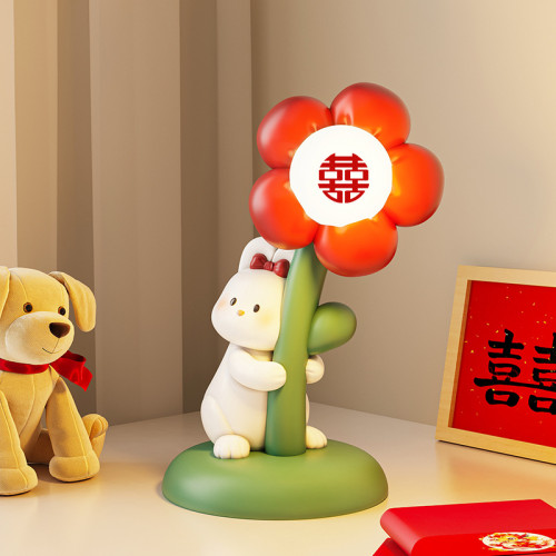 可愛喜慶小紅花兔子長明燈桌面擺件臥室床頭櫃兒童房裝飾新婚禮物