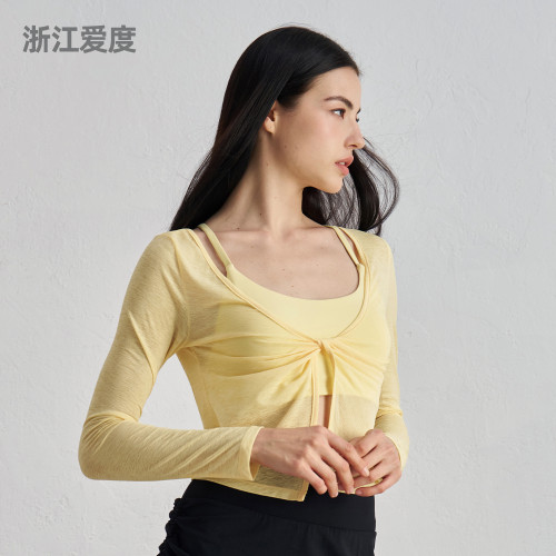 新款竹節紗裸感瑜珈服女扭結層次設計運動長袖涼爽透氣休閒健身服