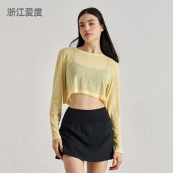 竹節紗春夏寬鬆露腰運動長袖外穿純色高級感瑜珈服修身顯瘦健身服