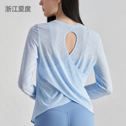 薄款長袖寬鬆透氣瑜珈罩衫鏤空美背交叉下擺瑜珈服夏圓領健身上衣