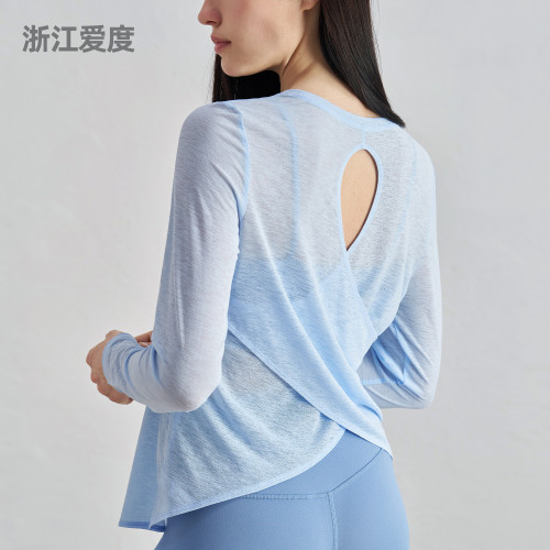 薄款長袖寬鬆透氣瑜珈罩衫鏤空美背交叉下擺瑜珈服夏圓領健身上衣