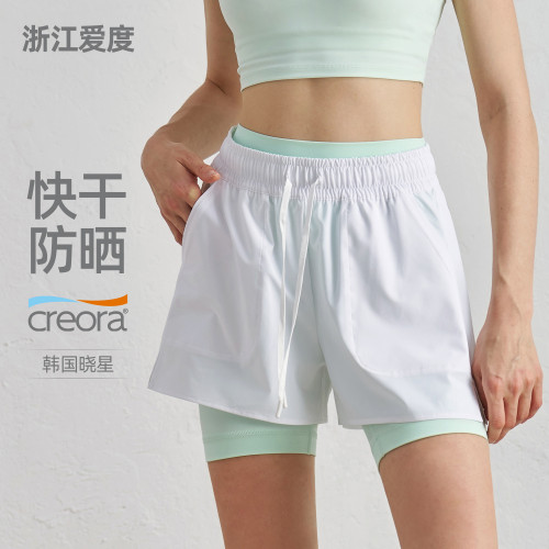 挺括SZ防曬跑步短褲長跑馬拉松運動寬鬆休閒瑜珈褲外搭口袋健身褲