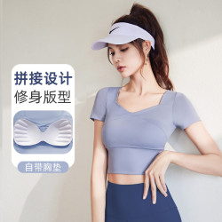 新款瑜伽短袖高彈修身免穿文胸跑步瑜伽服T恤