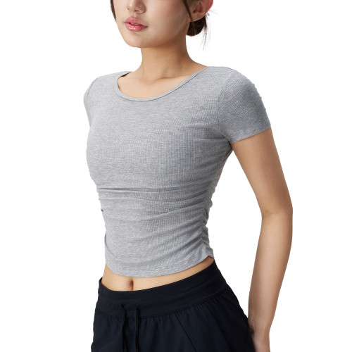 羅紋修身瑜伽服正肩收腰短袖女運動T恤跑步健身服夏季緊身罩衫衣