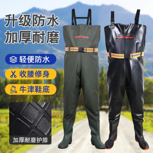 下水褲半身防水衣服雨褲帶雨鞋專用全套撈魚防水褲全身男一體水庫