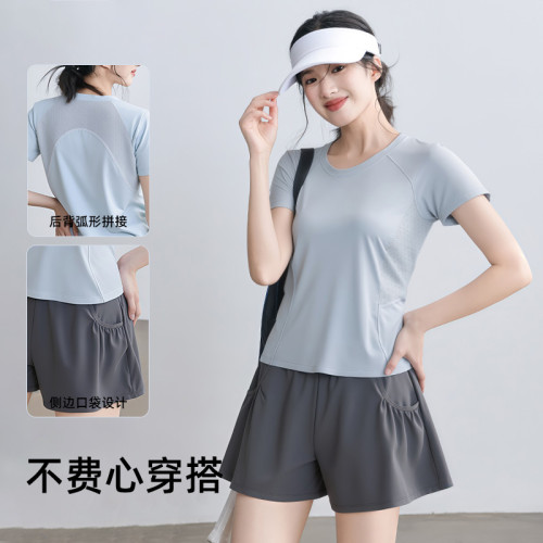 聚衣堂夏季新款寬松後背網紗短袖短褲瑜伽服套裝
