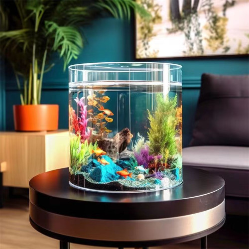 直筒玻璃水族魚缸小型圓形圓柱透明創意金魚缸家用客廳辦公室造景