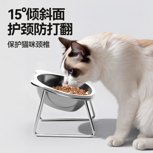 貓碗不鏽鋼貓咪水碗喝水碗寵物斜口碗護頸增高架狗狗碗貓食盆飯碗