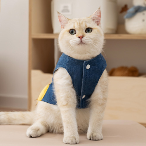 秋冬季貓衣服立體小鹿牛仔可牽引薄絨小型犬泰迪馬甲狗狗寵物服裝