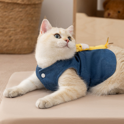 秋冬季貓衣服立體小鹿牛仔可牽引薄絨小型犬泰迪馬甲狗狗寵物服裝