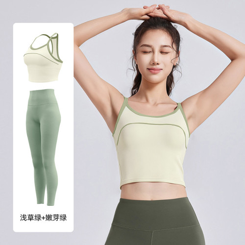 聚衣堂撞色線感運動套裝一體杯美背防震運動瑜伽套裝女