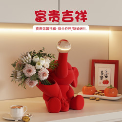 婚房布置裝飾結婚立體喜字擺件插花創意花瓶紅色樹脂植絨小象禮品