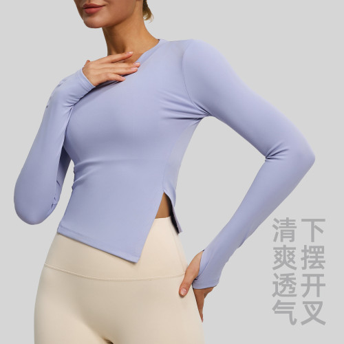 聚衣堂新款修身開叉瑜伽服吸溼排汗透氣長袖休閒運動健身衣夏季女