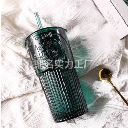 風墨綠色女咖啡杯高顔值玻璃杯帶吸管大容量喝水杯2025新款升級