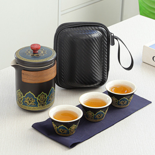 旅行茶具古韻快客套裝一壺三杯膠囊包戶外可攜式快客杯 旅行茶具古韻快客套裝一壺三杯膠囊包戶外可攜式快客杯