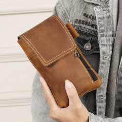 歐美頭層牛皮男士小腰包復古多功能磁吸手機掛包戶外收納包袋