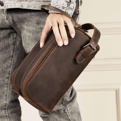 復古瘋馬皮洗漱包多功能戶外收納包頭層牛皮男士手拿包手提包