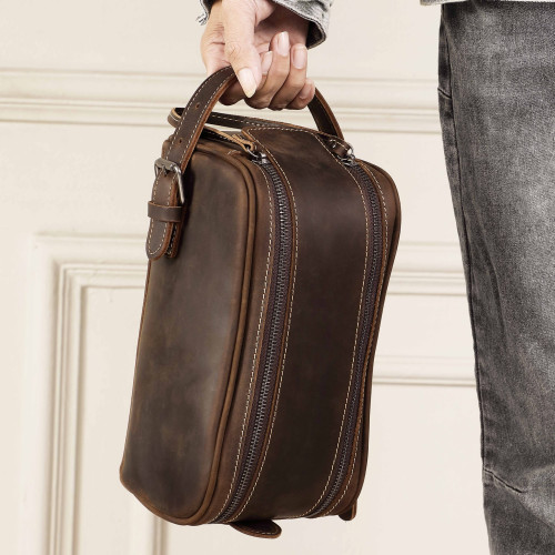 復古瘋馬皮洗漱包多功能戶外收納包頭層牛皮男士手拿包手提包 復古瘋馬皮洗漱包多功能戶外收納包頭層牛皮男士手拿包手提包