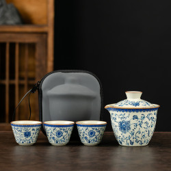 汝窰素雅纏枝蓮可攜式旅行茶具套裝簡約泡茶商務活動禮品