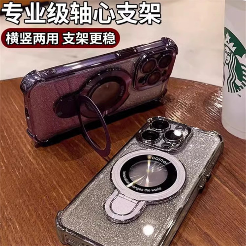 四角氣囊適用蘋果16透明手機殼iPhone17優盾磁吸支架閃粉保護套14