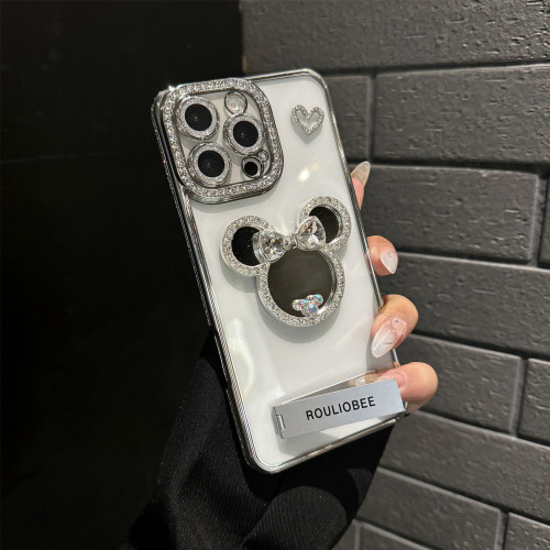 閃粉鏡子支架手機殼適用iphone17promax蘋果16邊框鑲鑽14帶鏡頭膜