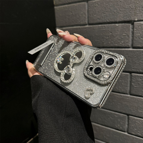 閃粉鏡子支架手機殼適用iphone17promax蘋果16邊框鑲鑽14帶鏡頭膜